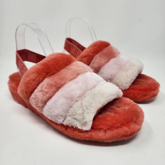 UGG Shoes - UGG Sheepskin Slides Women 11 Fluff Yeah Pink Peach Ombre Stripe Comfort Slipper